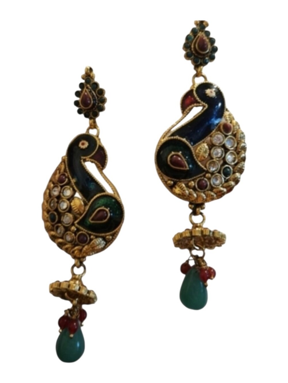 Bollywood Indian Peacock Meenakari Earrings Gold Tone Kundan Drop Dangle